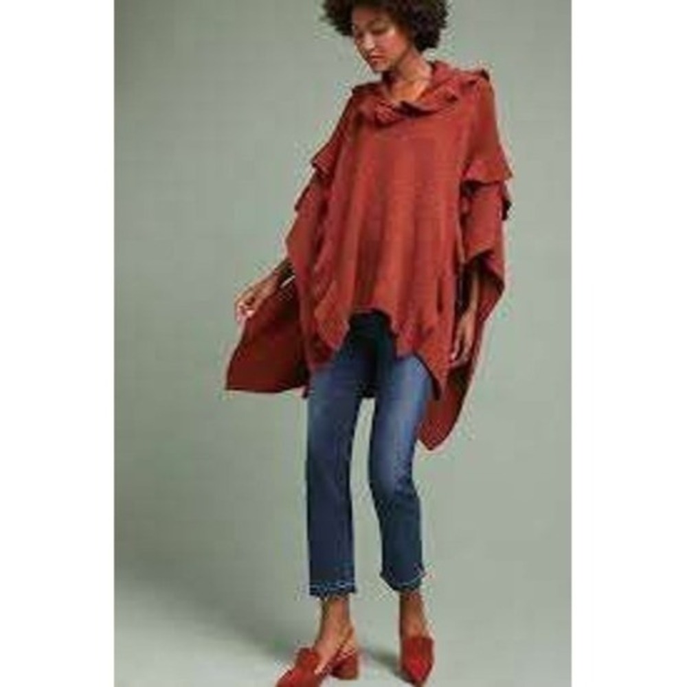 Anthropologie Troubadour Ruffle Knit Hooded Poncho OS Cozy Boho‎ Wool Blend